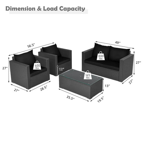 4PCS Rattan Patio Conversation Set Outdoor Furniture Set W/ Black Cushions