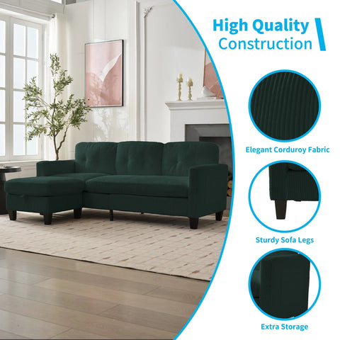 Small L-Shaped Sectional Sofa with Storage Ottomans – Corduroy Couch for Living Room, Green