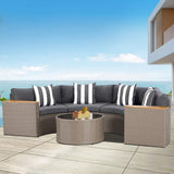 5-Piece Patio Sectional Furniture Set – Half-Moon Brown Wicker Curved Outdoor Sofa with Grey Cushions & Glass Coffee Table, Grey