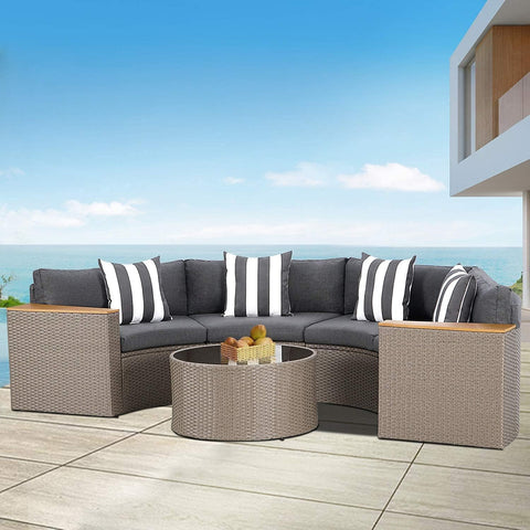 5-Piece Patio Sectional Furniture Set – Half-Moon Brown Wicker Curved Outdoor Sofa with Grey Cushions & Glass Coffee Table, Grey