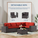 2-Piece Outdoor Patio Furniture Set – Sectional Rattan Sofa Set with 10 Red Seat Cushions & 2 Tempered Glass Tables, Brown PE Rattan Wicker Conversation Set