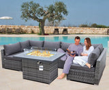 Extra Large 118'' L Sectional Sofa Set – 7-Piece Patio Furniture with Fire Pit Table, Grey Rattan Wicker Outdoor Conversation Set with Cushions
