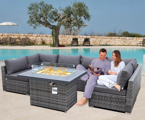Extra Large 118'' L Sectional Sofa Set – 7-Piece Patio Furniture with Fire Pit Table, Grey Rattan Wicker Outdoor Conversation Set with Cushions
