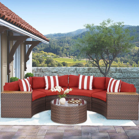 5-Piece Patio Sectional Furniture Set – Half-Moon Brown Wicker Curved Outdoor Sofa with Red Cushions, Round Glass Coffee Table & Pillow, Outdoor Patio Set