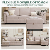 79'' Convertible L-Shaped Sectional Sofa with Ottoman – Linen Fabric Couch with Removable Pillows, Beige