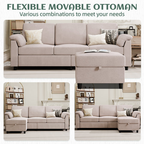 79'' Convertible L-Shaped Sectional Sofa with Ottoman – Linen Fabric Couch with Removable Pillows, Beige