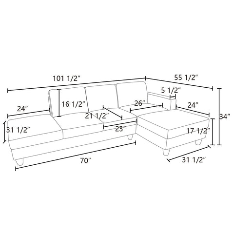 L-Shaped Sectional Couch, Living Room Furniture Suitable for Small Space,Black(No Ottoman)