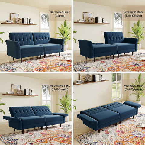 Blue Velvet Convertible Futon Sofa Bed with Memory Foam – Sleeper Couch