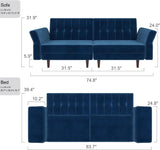Blue Velvet Convertible Futon Sofa Bed with Memory Foam – Sleeper Couch