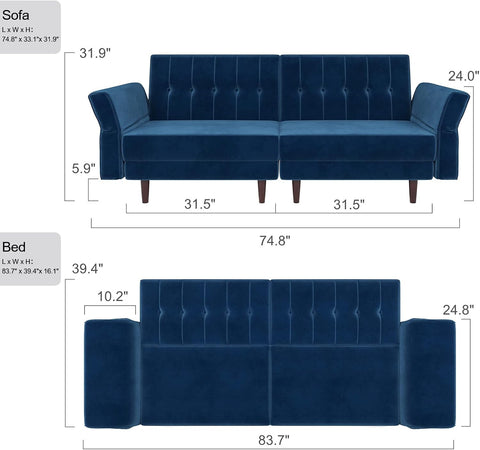 Blue Velvet Convertible Futon Sofa Bed with Memory Foam – Sleeper Couch