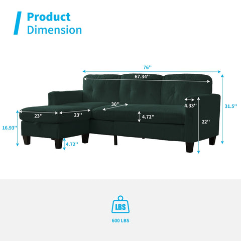 Small L-Shaped Sectional Sofa with Storage Ottomans – Corduroy Couch for Living Room, Green