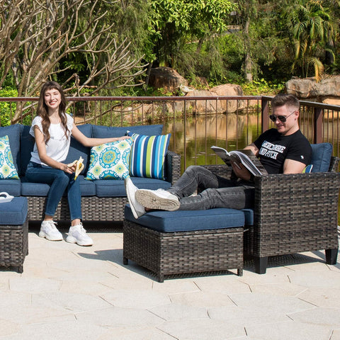 Patio Furniture Set, 5 Pieces Outdoor Wicker Rattan Sofa Couch with Ottomans and Comfy Cushions, All Weather High Back Conversation Set for Backyard Porch Garden, Denim Blue