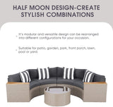 5-Piece Patio Sectional Furniture Set – Half-Moon Brown Wicker Curved Outdoor Sofa with Grey Cushions & Glass Coffee Table, Grey