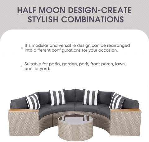 5-Piece Patio Sectional Furniture Set – Half-Moon Brown Wicker Curved Outdoor Sofa with Grey Cushions & Glass Coffee Table, Grey