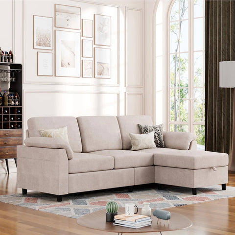 79'' Convertible L-Shaped Sectional Sofa with Ottoman – Linen Fabric Couch with Removable Pillows, Beige