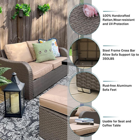 Large Size Patio Furniture Sets Clearance 5 Piece High-Back Outdoor Wicker Sectional Sofa Chairs Set Patio Conversation Sets All Weather Rattan Sofa with Washable Cushions(Beige)