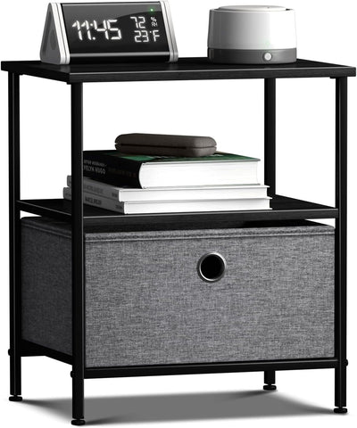 Nightstand 1-Drawer Shelf Storage - Bedside Furniture & End Table Chest Dresser with Steel Frame, Wood Top & Easy Pull Fabric Bins for Home, Bedroom, Closets, Bathroom, Office & College Dorm