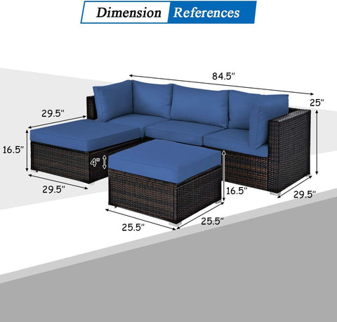 5 Piece Patio Furniture Set, Outdoor Sectional Rattan Sofa Set with Cushions and Coffee Table, Suitable for Backyard Porch Garden Poolside and Deck, Wicker Conversation Set (Navy Blue)