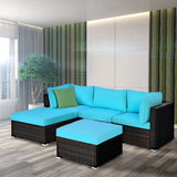 5PCS Cushioned Rattan Patio Conversation Set Outdoor Furniture Set with Ottoman