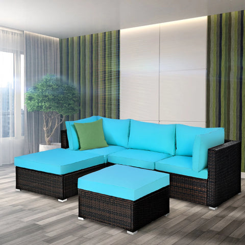 5PCS Cushioned Rattan Patio Conversation Set Outdoor Furniture Set with Ottoman