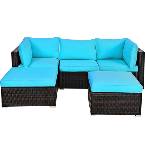 5PCS Cushioned Rattan Patio Conversation Set Outdoor Furniture Set with Ottoman