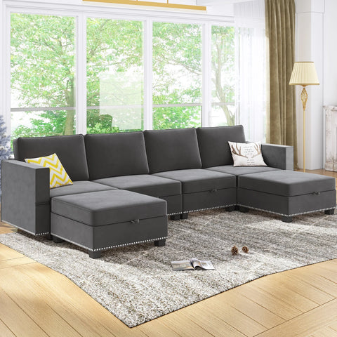 Modern Velvet Storage Ottomans Sectional Sofa Living Room Set Dark Grey