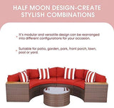 5-Piece Patio Sectional Furniture Set – Half-Moon Brown Wicker Curved Outdoor Sofa with Red Cushions, Round Glass Coffee Table & Pillow, Outdoor Patio Set