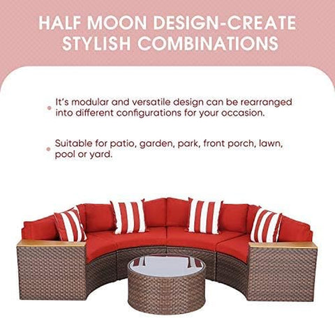 5-Piece Patio Sectional Furniture Set – Half-Moon Brown Wicker Curved Outdoor Sofa with Red Cushions, Round Glass Coffee Table & Pillow, Outdoor Patio Set