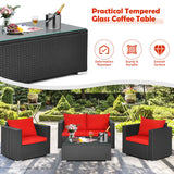 4PCS Patio Rattan Furniture Set Cushioned Sofa Chair Coffee Table Garden Red