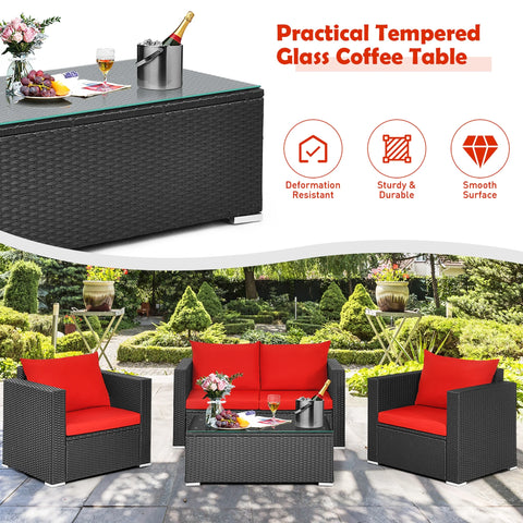 4PCS Patio Rattan Furniture Set Cushioned Sofa Chair Coffee Table Garden Red