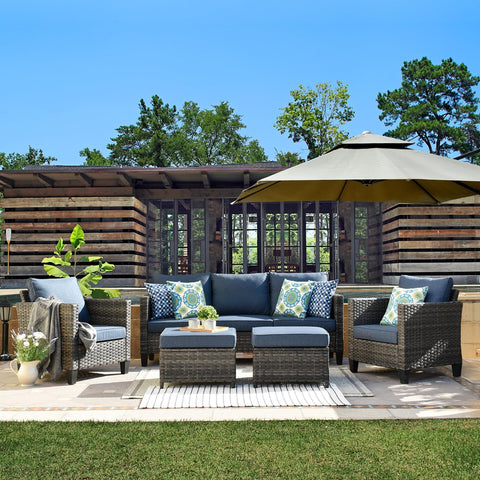 Patio Furniture Set, 5 Pieces Outdoor Wicker Rattan Sofa Couch with Ottomans and Comfy Cushions, All Weather High Back Conversation Set for Backyard Porch Garden, Denim Blue