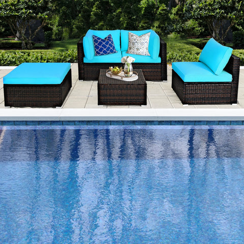 5PCS Cushioned Rattan Patio Conversation Set Outdoor Furniture Set with Ottoman
