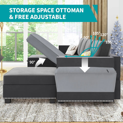 Modern Velvet Storage Ottomans Sectional Sofa Living Room Set Dark Grey