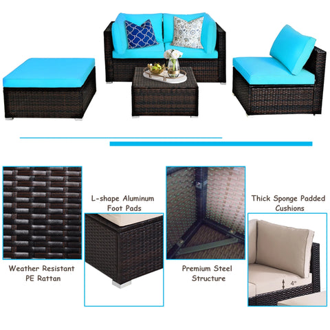 5PCS Cushioned Rattan Patio Conversation Set Outdoor Furniture Set with Ottoman