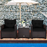 3 Pieces Patio Furniture Set, PE Rattan Wicker 3 Pcs Outdoor Sofa Set W/Washable Cushion and Tempered Glass Tabletop, Conversation Furniture for Garden Poolside Balcony (Black)
