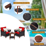 3PCS Patio Wicker Rattan Conversation Set Outdoor Furniture Set W/ Red Cushion