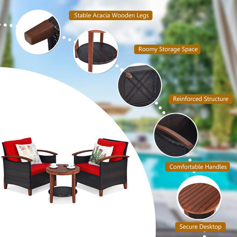 3PCS Patio Wicker Rattan Conversation Set Outdoor Furniture Set W/ Red Cushion