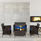 8PCS Patio Rattan Conversation Furniture Set Outdoor W/ Navy Cushion
