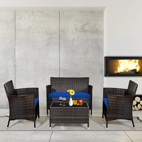 8PCS Patio Rattan Conversation Furniture Set Outdoor W/ Navy Cushion