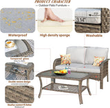 4-Piece Outdoor Wicker Patio Furniture Set – High Back Loveseat with Cushions, Coffee Table & Armchairs, Grey Rattan & Cushions