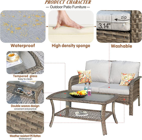 4-Piece Outdoor Wicker Patio Furniture Set – High Back Loveseat with Cushions, Coffee Table & Armchairs, Grey Rattan & Cushions