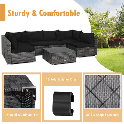 7PCS Patio Rattan Sectional Sofa Set Outdoor Furniture Set W/ Black Cushions