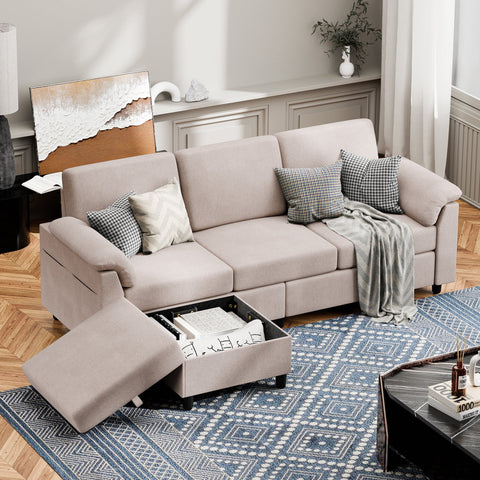 79'' Convertible L-Shaped Sectional Sofa with Ottoman – Linen Fabric Couch with Removable Pillows, Beige