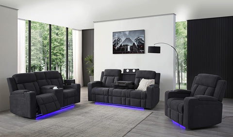 Modern Fabric Power Reclining, Power Headrest, Living Room Set in Charcoal Grey, Cupholder, Theater Couch, 9202 (Sofa+Loveseat+Chair)