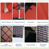 2-Piece Outdoor Patio Furniture Set – Sectional Rattan Sofa Set with 10 Red Seat Cushions & 2 Tempered Glass Tables, Brown PE Rattan Wicker Conversation Set