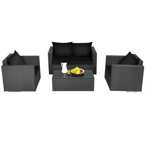 4PCS Rattan Patio Conversation Set Outdoor Furniture Set W/ Black Cushions
