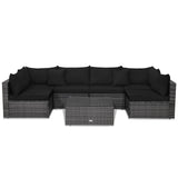7PCS Patio Rattan Sectional Sofa Set Outdoor Furniture Set W/ Black Cushions