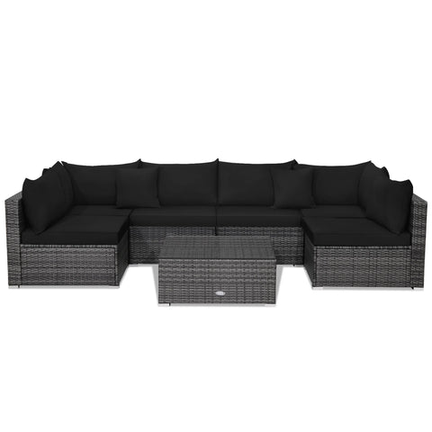 7PCS Patio Rattan Sectional Sofa Set Outdoor Furniture Set W/ Black Cushions