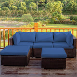 5 Piece Patio Furniture Set, Outdoor Sectional Rattan Sofa Set with Cushions and Coffee Table, Suitable for Backyard Porch Garden Poolside and Deck, Wicker Conversation Set (Navy Blue)