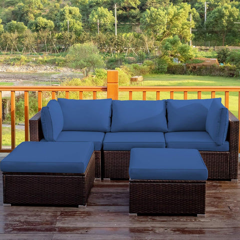 5 Piece Patio Furniture Set, Outdoor Sectional Rattan Sofa Set with Cushions and Coffee Table, Suitable for Backyard Porch Garden Poolside and Deck, Wicker Conversation Set (Navy Blue)
